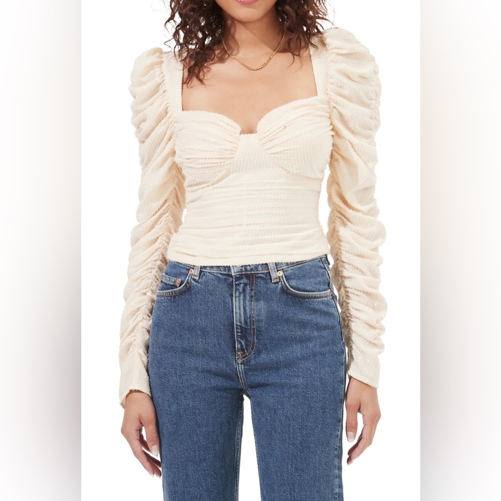 ASTR Caldwell Metallic Ruched Sweetheart Neck Top